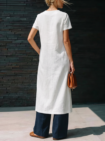 Split-front Solid Color Buttoned Asymmetric Short Sleeves Loose Round-neck Blouses&shirts Tops