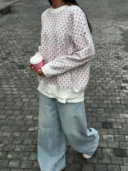 Long Sleeves Loose Pleated Split-Joint Round-Neck Sweater Tops
