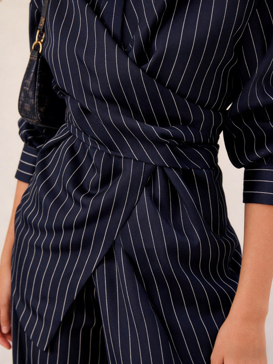 Striped Lapel Irregular Buttoned Wrap Tied Waist Blouse Tops + High Waist Wide Leg Trousers Bottoms Two Pieces Set