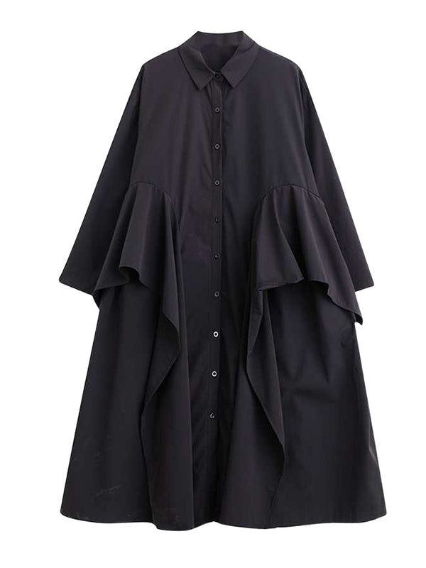 A-Line Long Sleeves Buttoned Pockets Ruffle Trim Solid Color Lapel Midi Dresses