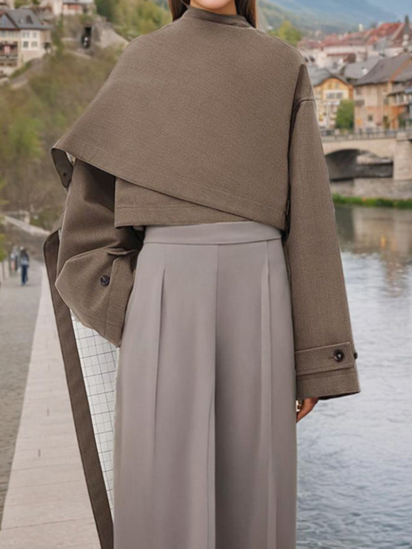 Long Sleeves Loose Asymmetric Buttoned Pockets Solid Color Stand Collar Blazer Outerwear