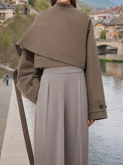 Long Sleeves Loose Asymmetric Buttoned Pockets Solid Color Stand Collar Blazer Outerwear