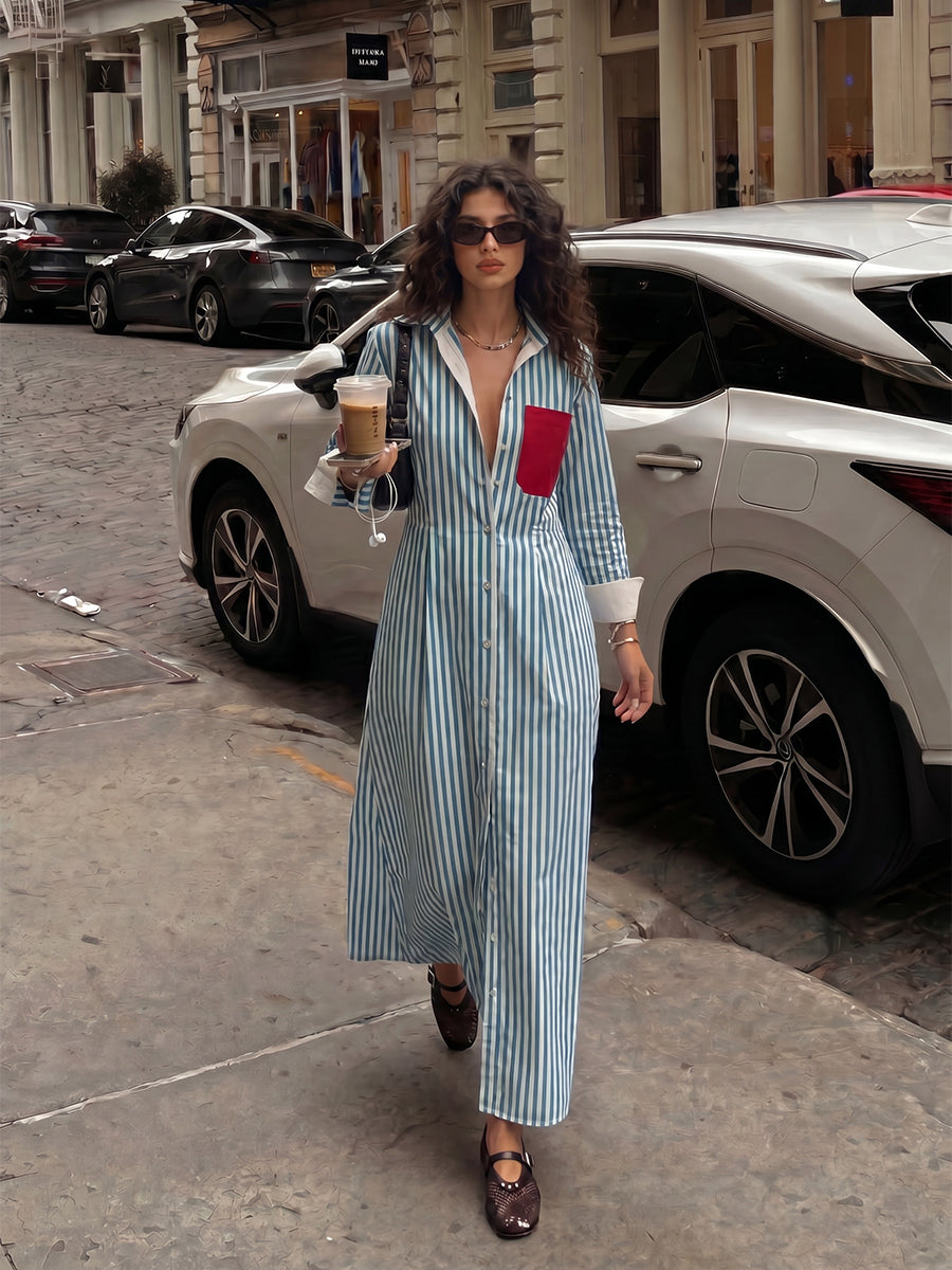 Striped Split-Joint Pockets Contrast Color Buttoned Long Sleeves High Waisted Lapel Midi Dresses