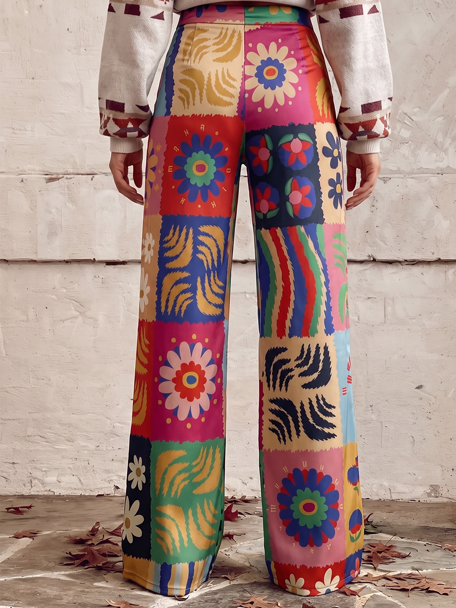 Printed Pockets Buttoned Wide Leg Plus Size Trousers Pants