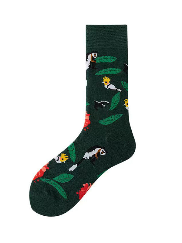 Animal Printed Contrast Color Leaves Print Split-Joint Sweat-Absorbing Socks Accessories