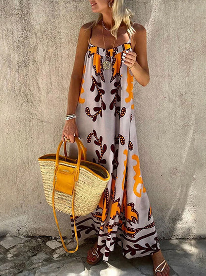 A-Line High Waisted Contrast Color Pleated Printed Split-Joint Spaghetti-Neck Midi Dresses