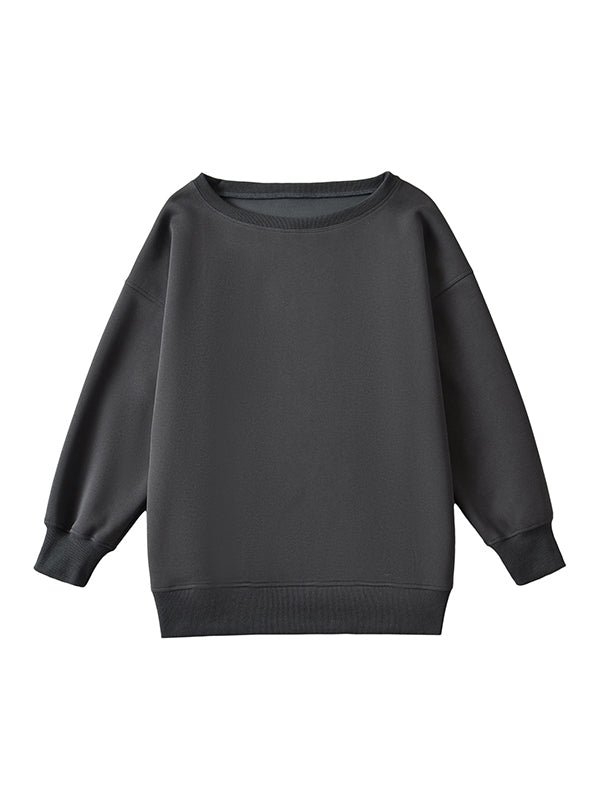Long Sleeves Loose Solid Color Split-Joint Round-Neck Sweatshirt Tops