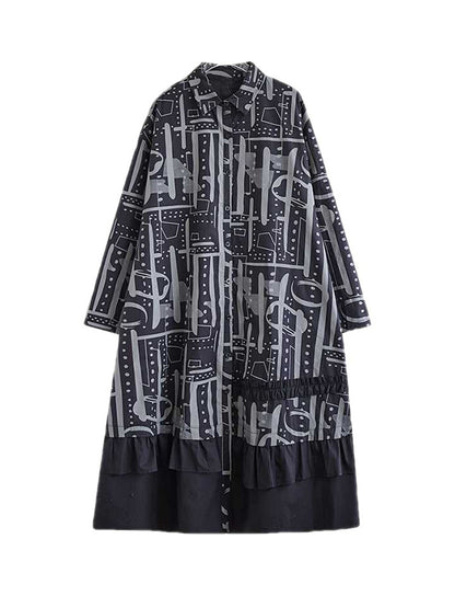 A-Line Long Sleeves Asymmetric Buttoned Printed Split-Joint Lapel Midi Dresses