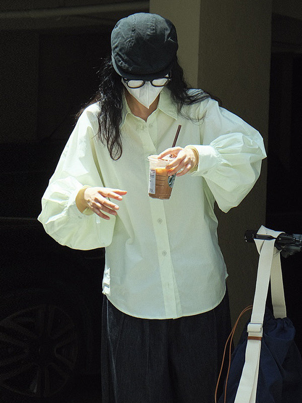 Casual Loose Puff Sleeves Solid Color Lapel Blouses