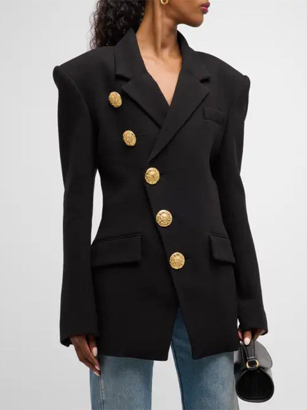 Long Sleeves Loose Buttoned Pockets Solid Color Notched Collar Blazer Outerwear