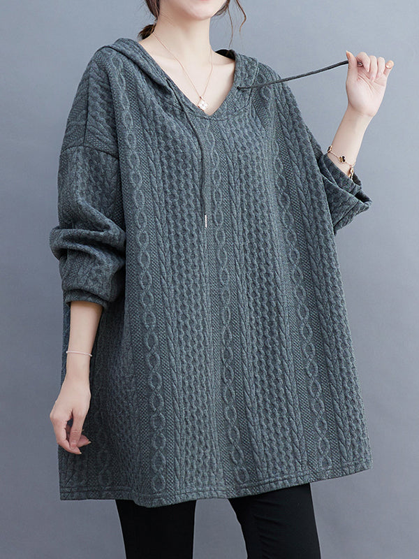 Hooded Long Sleeves Drawstring Jacquard Solid Color Split-Joint Hoodies Tops