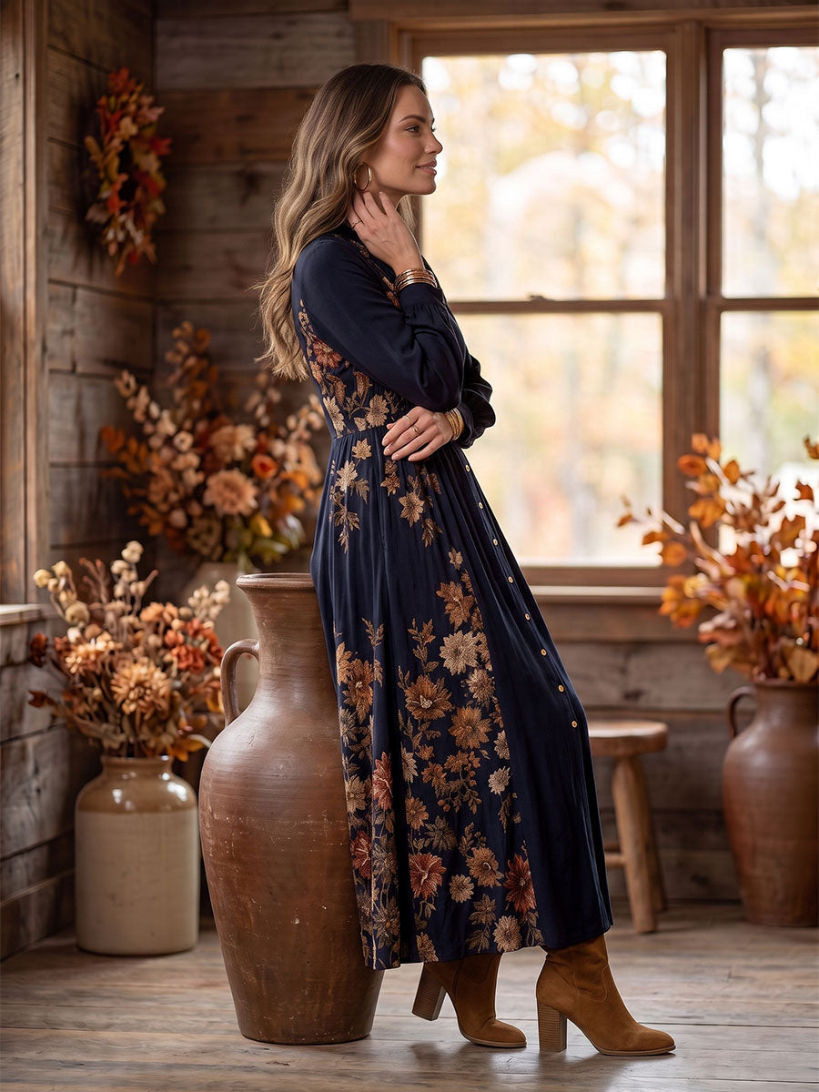 Pockets Pleated Flower Print Contrast Color Buttoned Loose Long Sleeves Round-neck Maxi Dresses