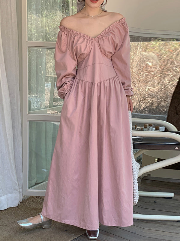 Bishop Sleeve Long Sleeves Elasticity Pleated Ruffled Solid Color Split-Joint Deep V-Neck Midi Dresses