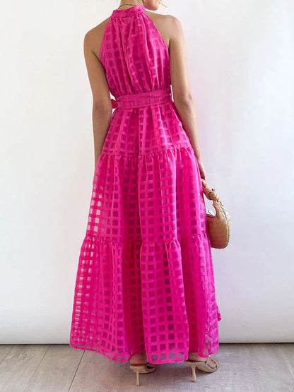 Loose Sleeveless Plaid Ribbed Stand Collar Maxi Dresses