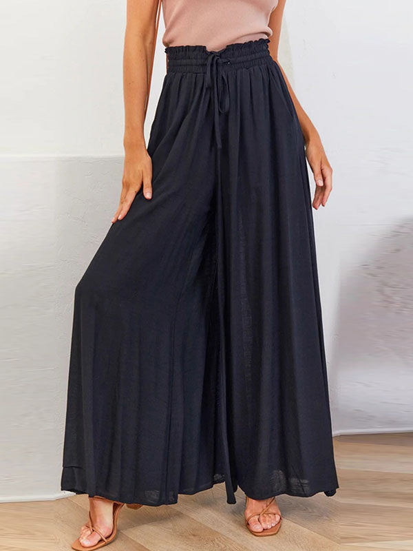High Waisted Loose Drawstring Elasticity Pockets Solid Color Pants Trousers