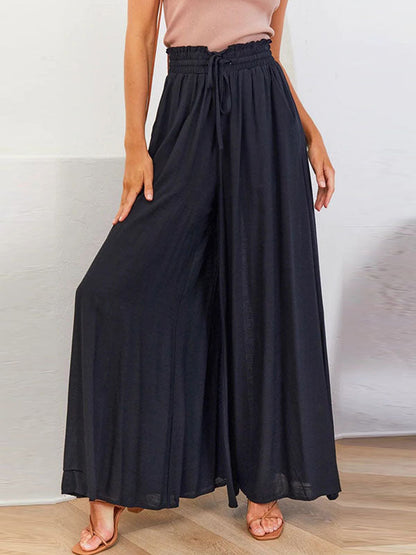 High Waisted Loose Drawstring Elasticity Pockets Solid Color Pants Trousers