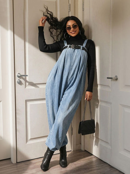 Solid Color Elasticity Belted Wide Leg Sleeveless Spaghetti-Neck Overalls