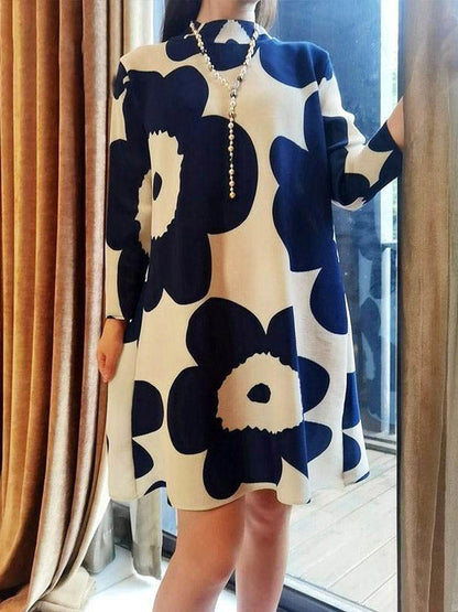 Long Sleeves Loose Flower Print Pleated Mock Neck Mini Dresses