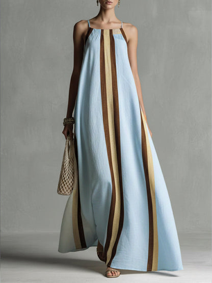 A-Line Loose Contrast Color Pleated Spaghetti-Neck Maxi Dresses