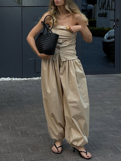 Elasticated Waist High Waisted Drawstring Pleated Solid Color Ankle-Tied Pants