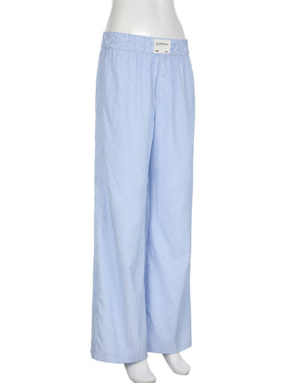 High Waisted Loose Elasticity Split-Joint Striped Pants Trousers