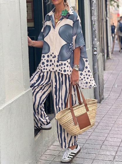 Half Sleeves Buttoned Flower Print Polka-Dot Lapel Blouses&Shirts Tops + High Waisted Pants Trousers Two Pieces Set