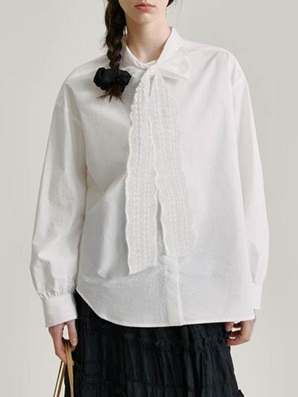Long Sleeves Buttoned Solid Color Lace Collar Blouses&Shirts Tops