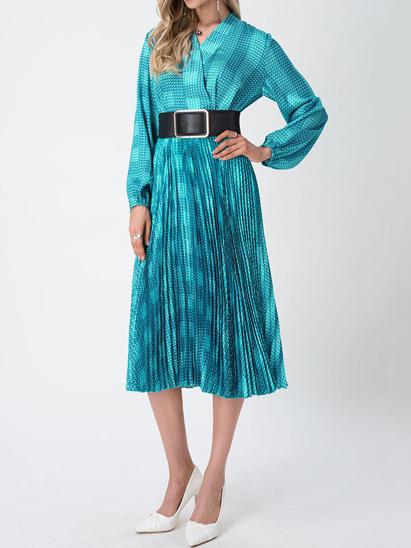 Long Sleeves Loose Belted Pleated Printed V-Neck Midi Dresses