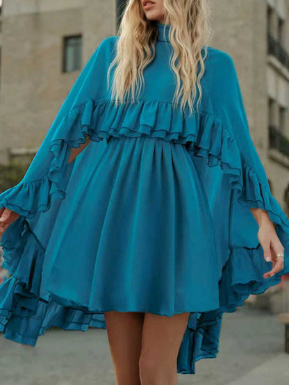 High Waisted Sleeveless Pleated Ruffled Solid Color Split-Joint Tied Mock Neck Mini Dresses Two Pieces Set