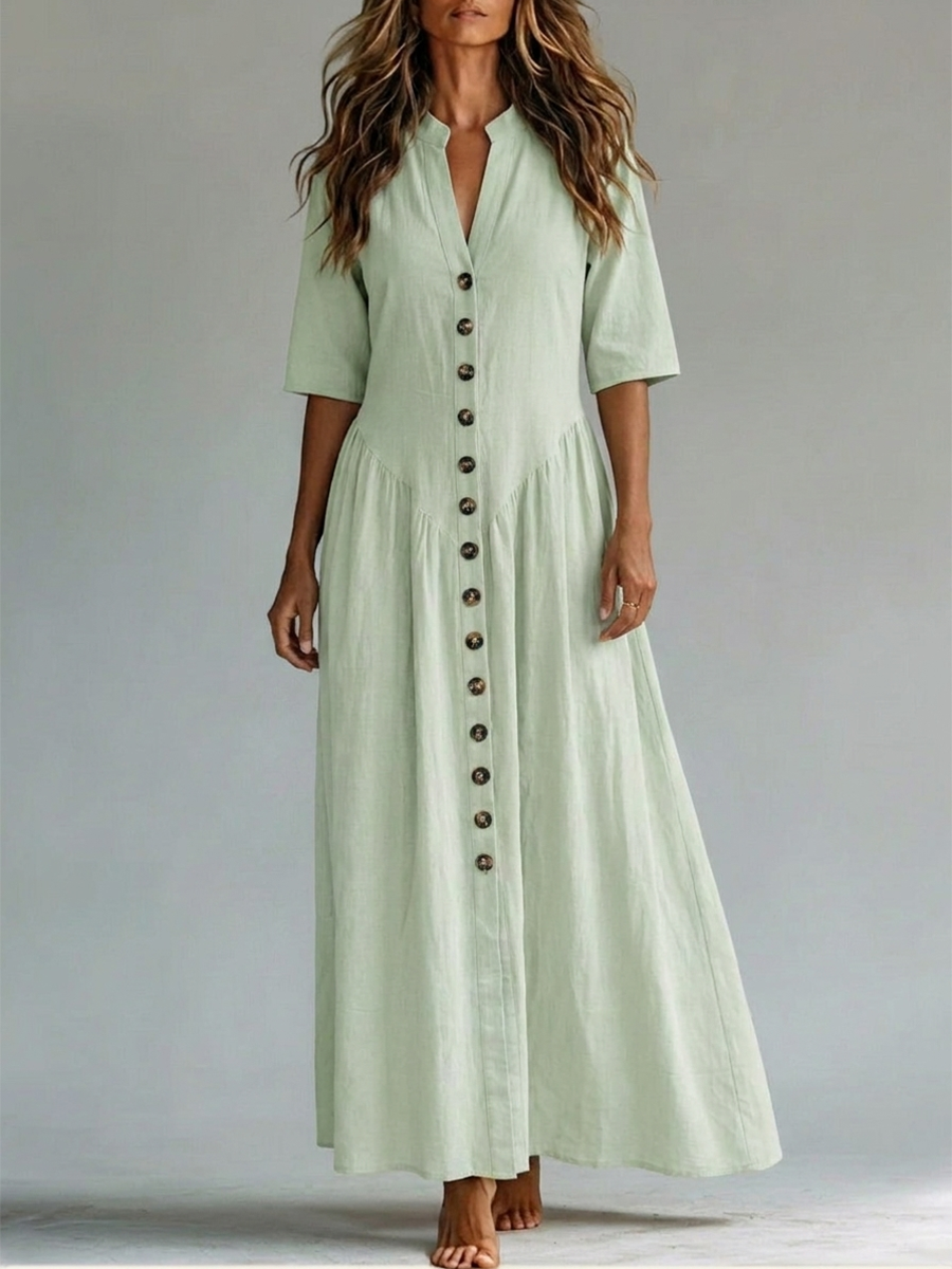 Half Sleeves Puff Sleeves Buttoned Pleated Solid Color Split-Joint Deep V-Neck Maxi Dresses