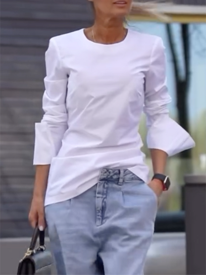 Long Sleeves Loose Solid Color Round-Neck T-Shirts Tops