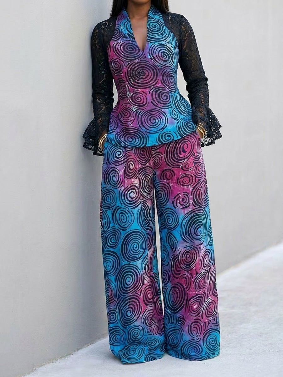 High Waisted Loose Contrast Color Pockets Printed Pants Trousers