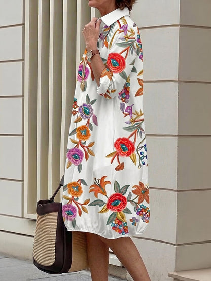 A-Line Half Sleeves Buttoned Contrast Color Flower Print Pockets Lapel Midi Dresses Shirt Dress