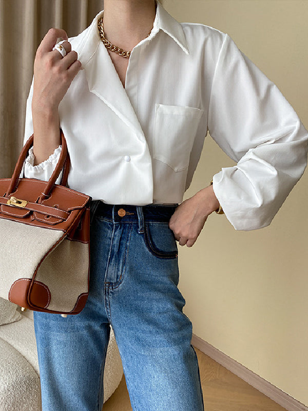 Bishop Sleeve Long Sleeves Buttoned Pockets Solid Color Split-Joint Polo Blouses&Shirts Tops