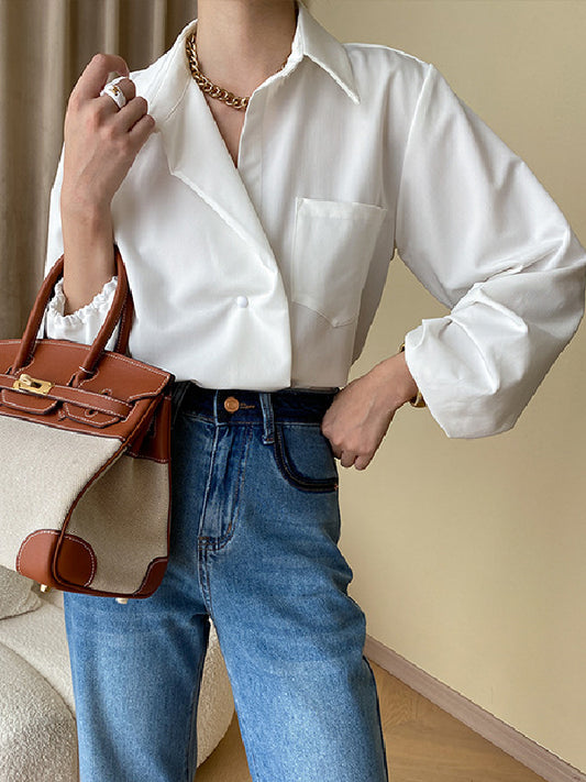 Bishop Sleeve Long Sleeves Buttoned Pockets Solid Color Split-Joint Polo Blouses&Shirts Tops