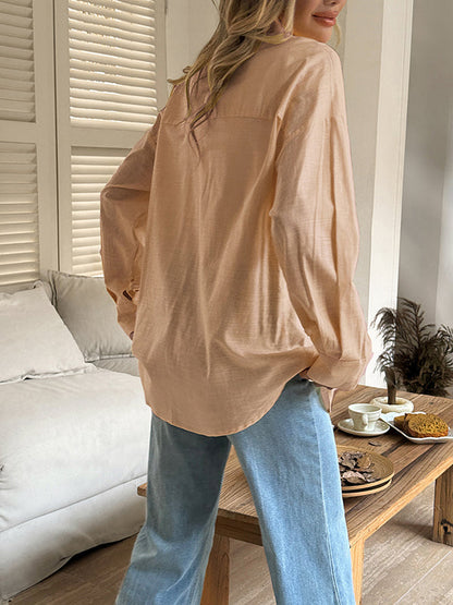 Long Sleeves Loose Buttoned Solid Color Lapel Blouses&Shirts Tops