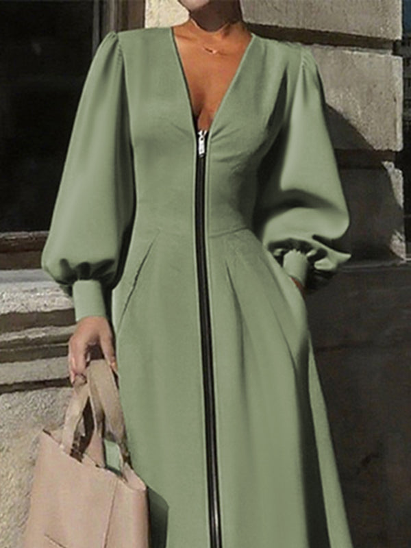 A-Line Long Sleeves Pleated Pockets Solid Color Zipper V-Neck Midi Dresses
