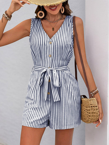 Elasticated Waist High Waisted Buttoned Pockets Striped Tied Waist V-Neck Rompers