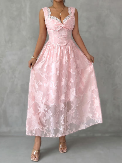 High Waisted Sleeveless Jacquard Pleated See-Through Solid Color Split-Joint V-Neck Midi Dresses