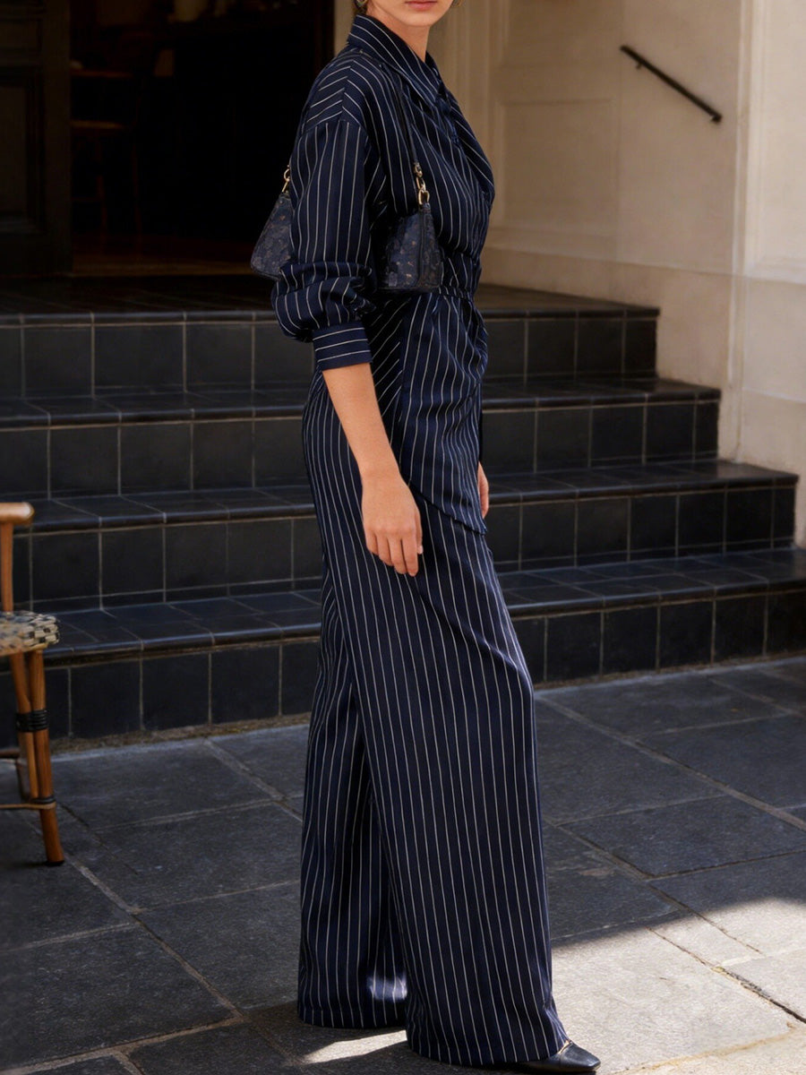 Striped Lapel Irregular Buttoned Wrap Tied Waist Blouse Tops + High Waist Wide Leg Trousers Bottoms Two Pieces Set