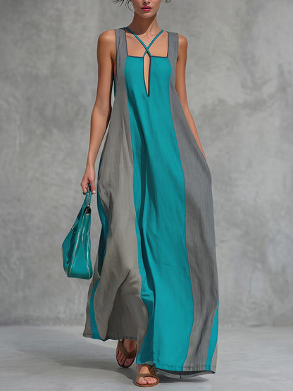 Cross-Strap Loose Backless Contrast Color Pockets Split-Joint Square-Neck Maxi Dresses