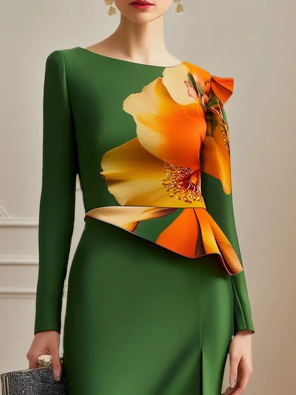 Bodycon Long Sleeves Flower Print Pleated Split-Joint Split-Side Round-Neck Midi Dresses