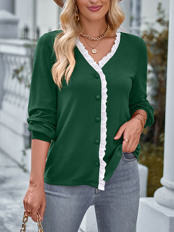 Long Sleeves Loose Buttoned Ruffle Trim Split-Joint V-Neck T-Shirts Tops