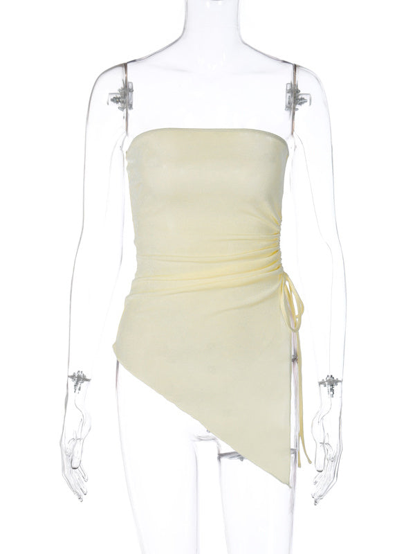 Irregular Clipping Skinny Asymmetric Drawstring Solid Color Split-Side Tube Vest Top