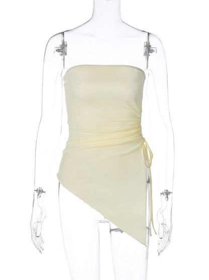 Irregular Clipping Skinny Asymmetric Drawstring Solid Color Split-Side Tube Vest Top