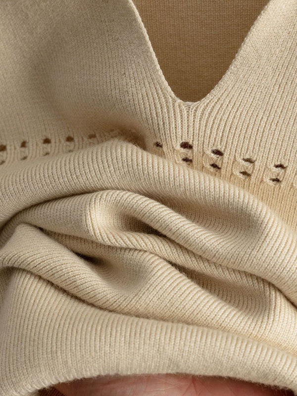 Loose Puff Sleeves Hollow Solid Color Sweater + Elasticity Skirt Two Pieces Set