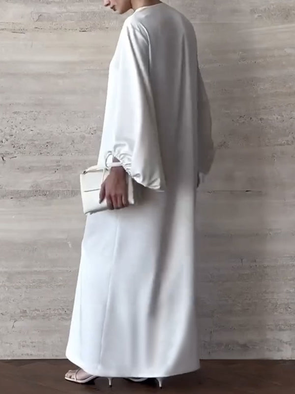 Loose Puff Sleeves Drawstring Solid Color Split-Joint V-Neck Maxi Dresses Shirt Dress