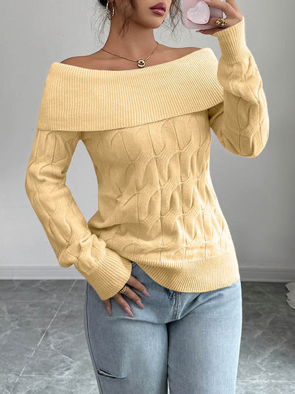 Long Sleeves Solid Color Split-Joint Off-The-Shoulder Pullovers Sweater Tops
