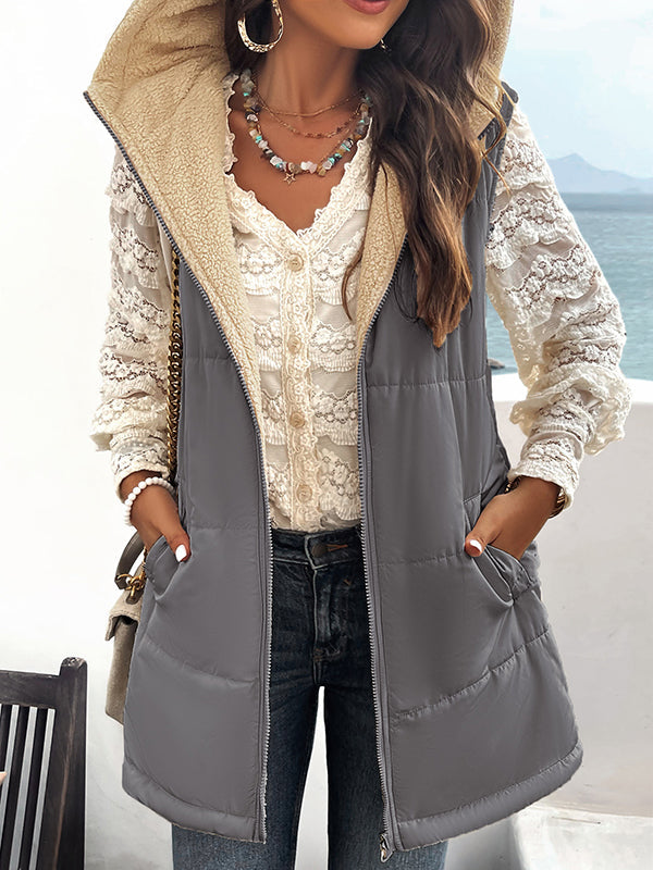 Loose Sleeveless Pockets Quilted Reversible Zipper Hooded Padded Vest Vest Outerwear