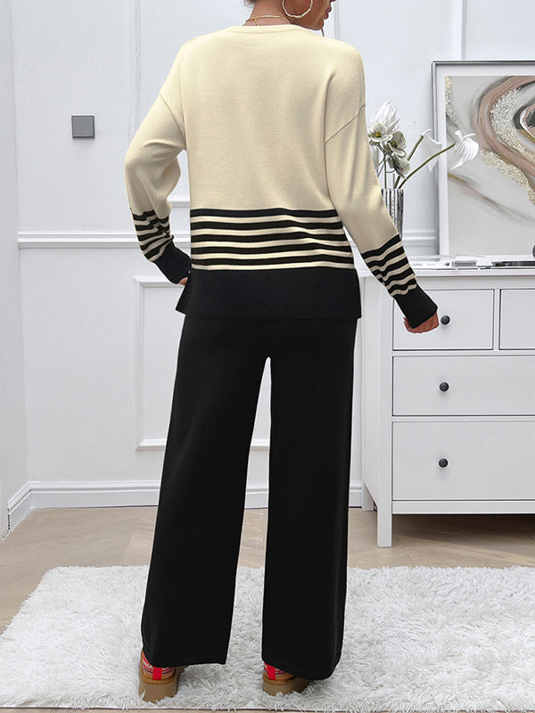 Long Sleeves Loose Contrast Color Split-Side Striped Round-Neck Sweater Top + Pants Bottom Two Pieces Set